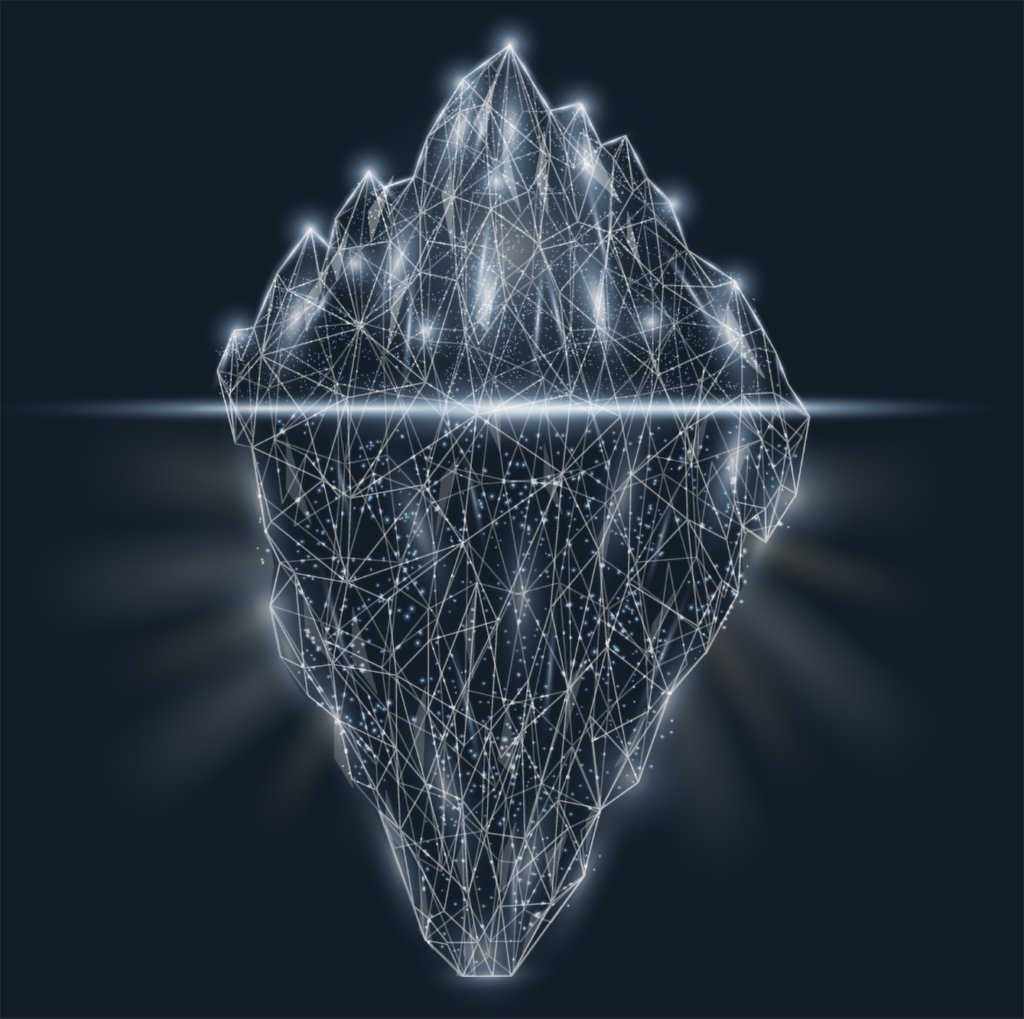 Iceberg in wireframe bianco su fondo blu scuro come simbolo di profondità delle applicazioni nel digital marketing.