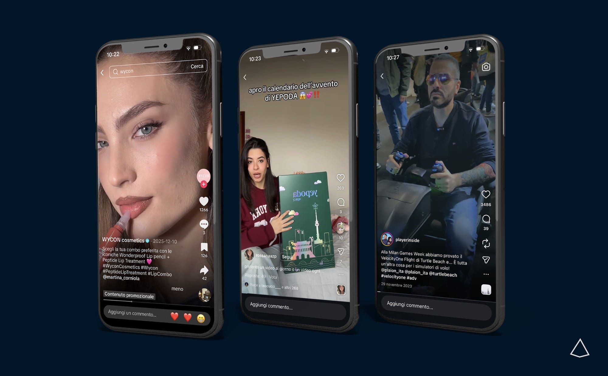 Mockup creator UGC Tre diversi creator in mockup smartphone che creano UGC.