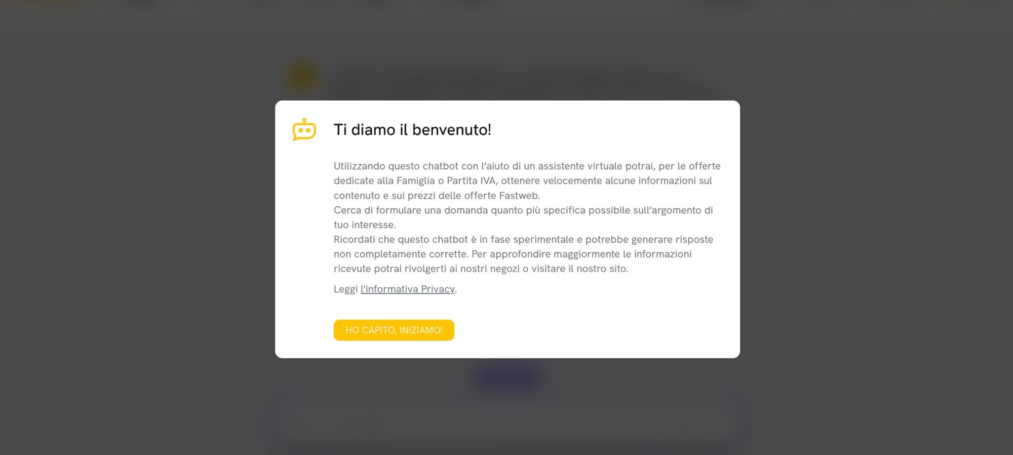 Popup di benvenuto Schermata con pupup di benvenuto.