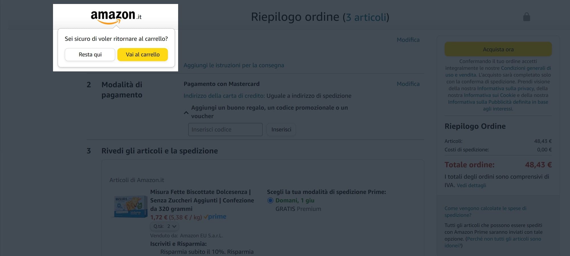 Popup per ridurre tasso di abbandono carrello Schermata di popup recupero carrelli abbandonati.