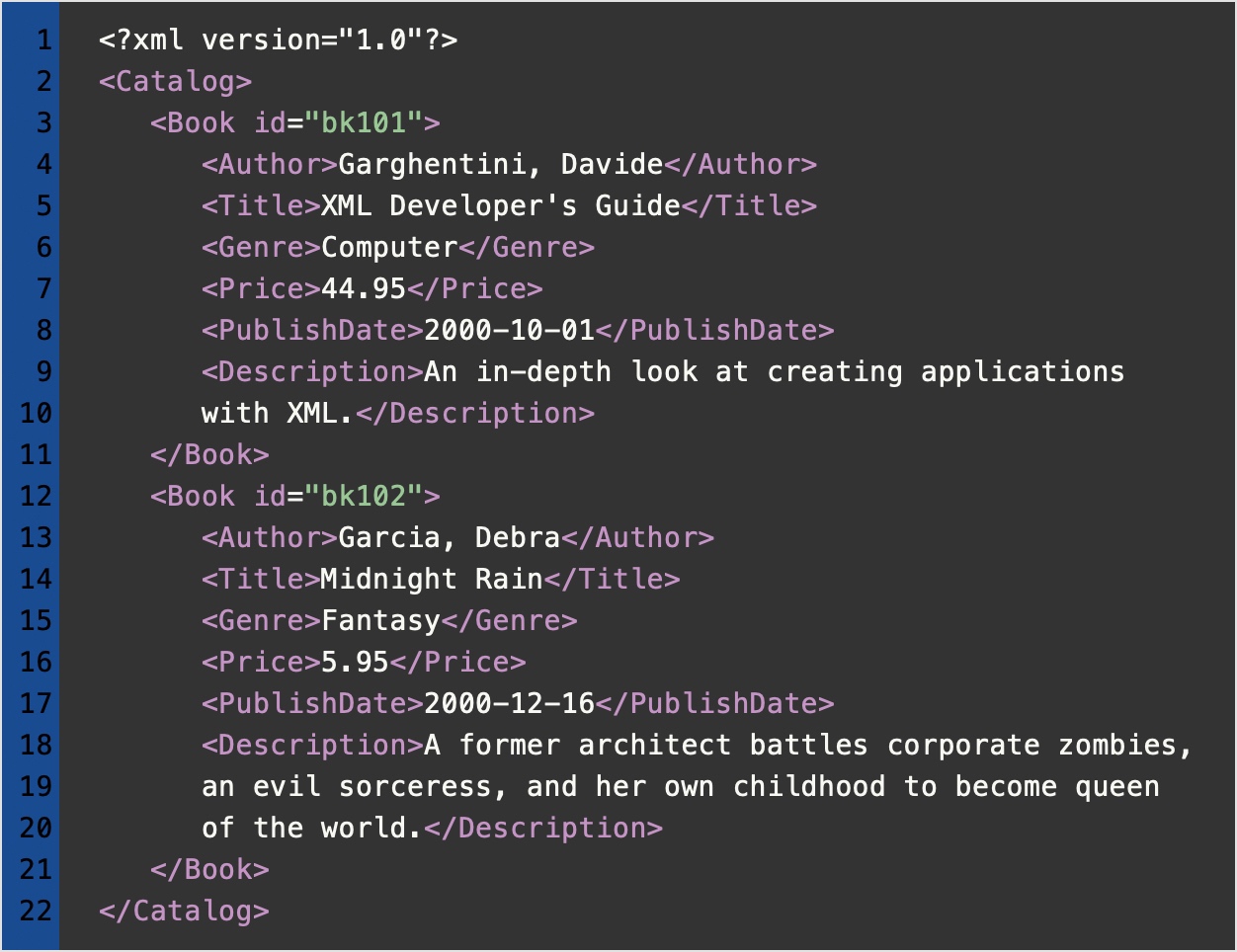 Alcune righe di codice XML di esempio ad integrazione della sua definizione.