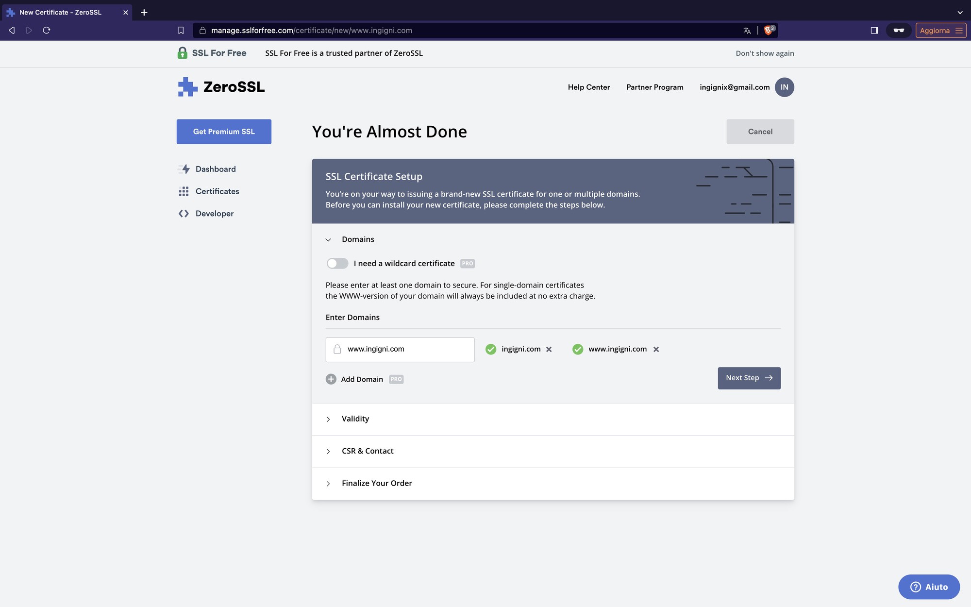 Pagina per l'inserimento del dominio per ottenere SSL gratis.