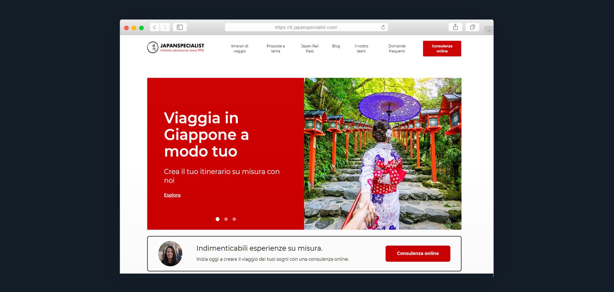 Mockup di una finestra del browser sulla home page di japanspecialist.com su sfondo blu di Ingigni.