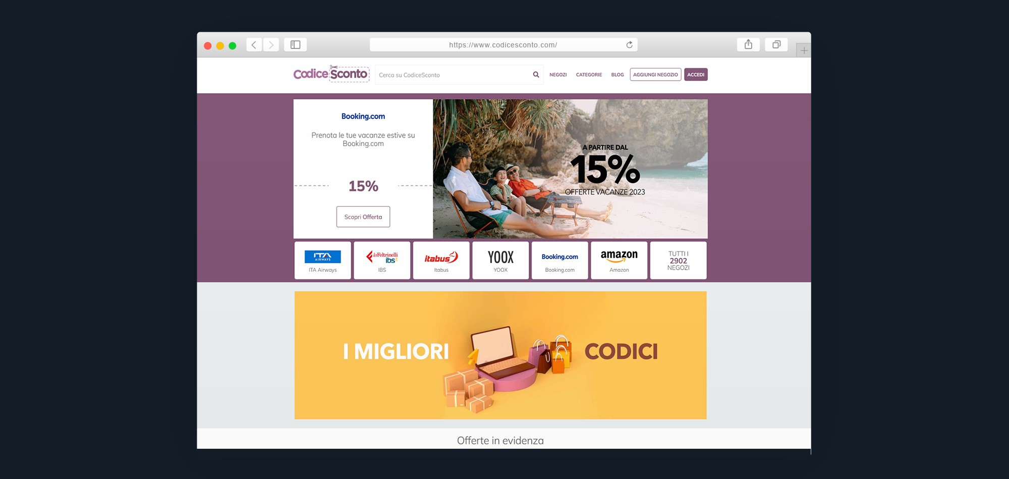 Mockup di una finestra del browser sulla home page di codicesconto.com su sfondo blu di Ingigni.