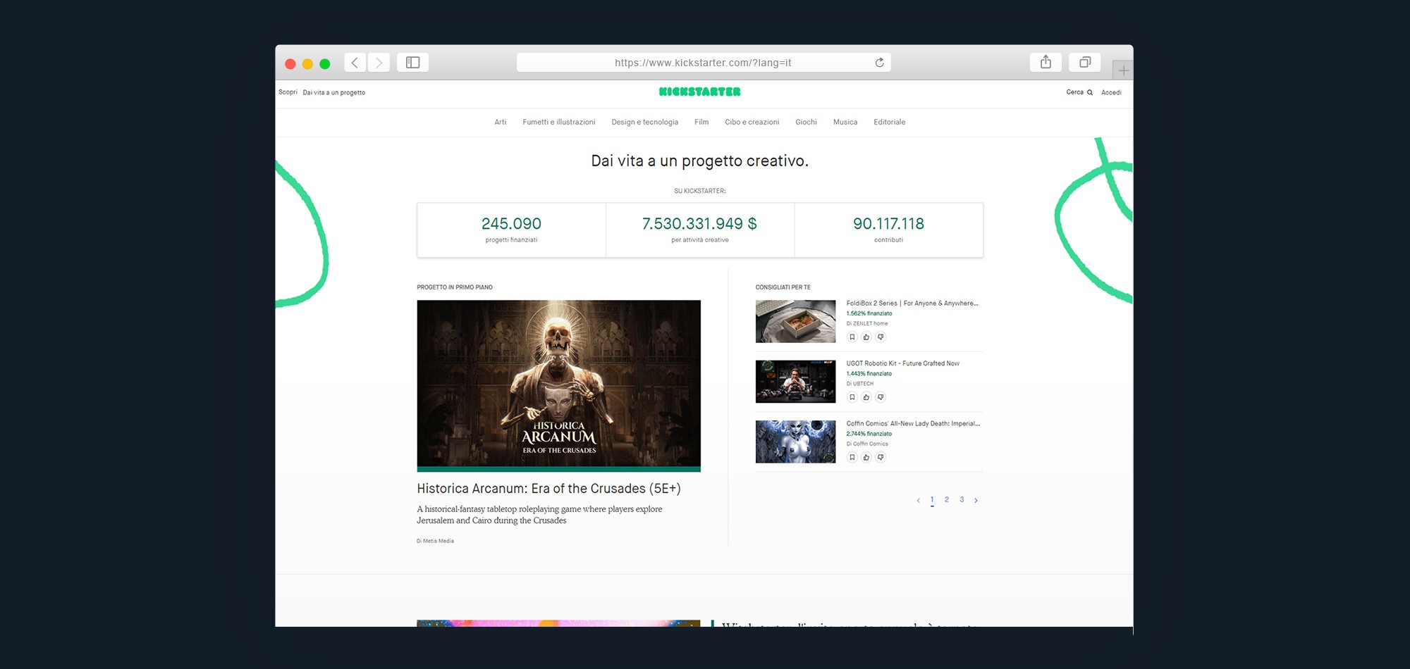 Mockup di una finestra del browser sulla home page di kickstarter.com su sfondo blu di Ingigni.