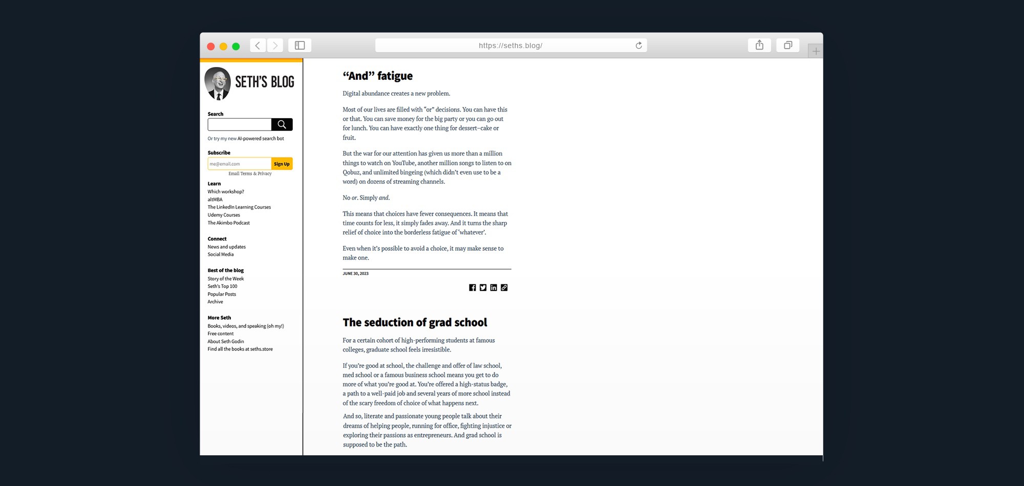 Mockup di una finestra del browser sulla home page di seths.blog su sfondo blu di Ingigni.