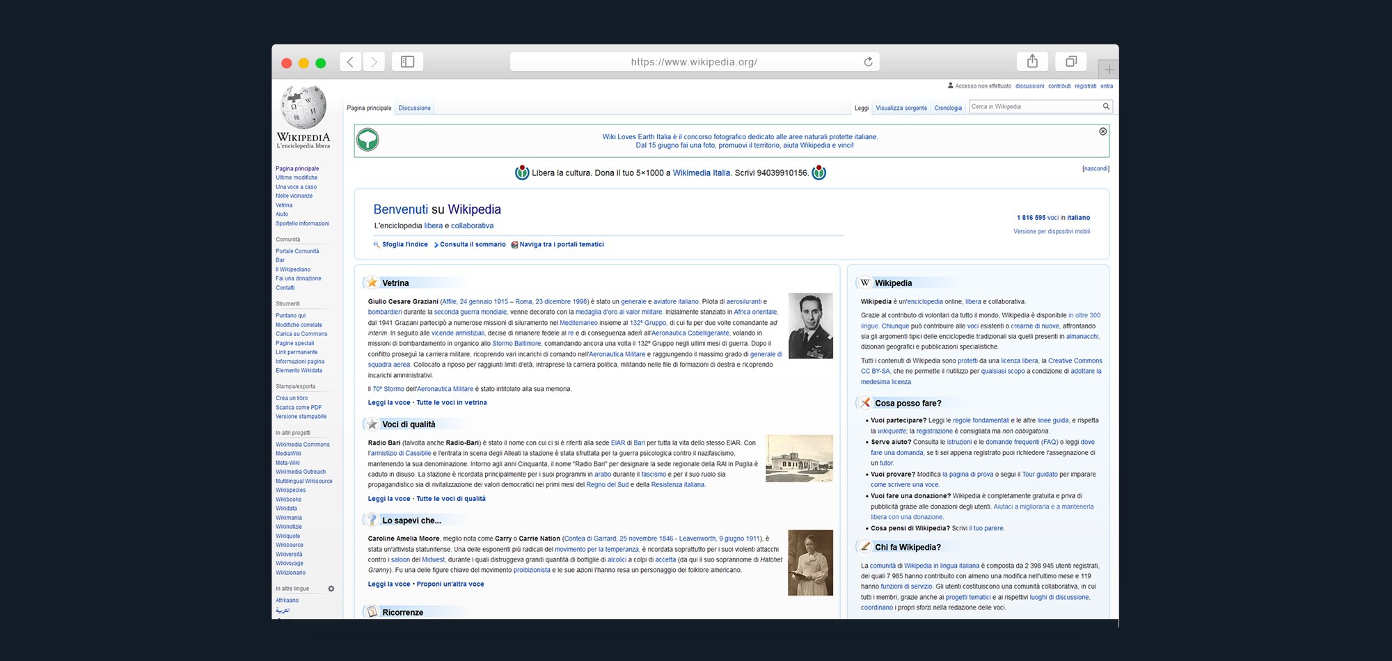 Mockup di una finestra del browser sulla home page di wikipedia.com su sfondo blu di Ingigni.