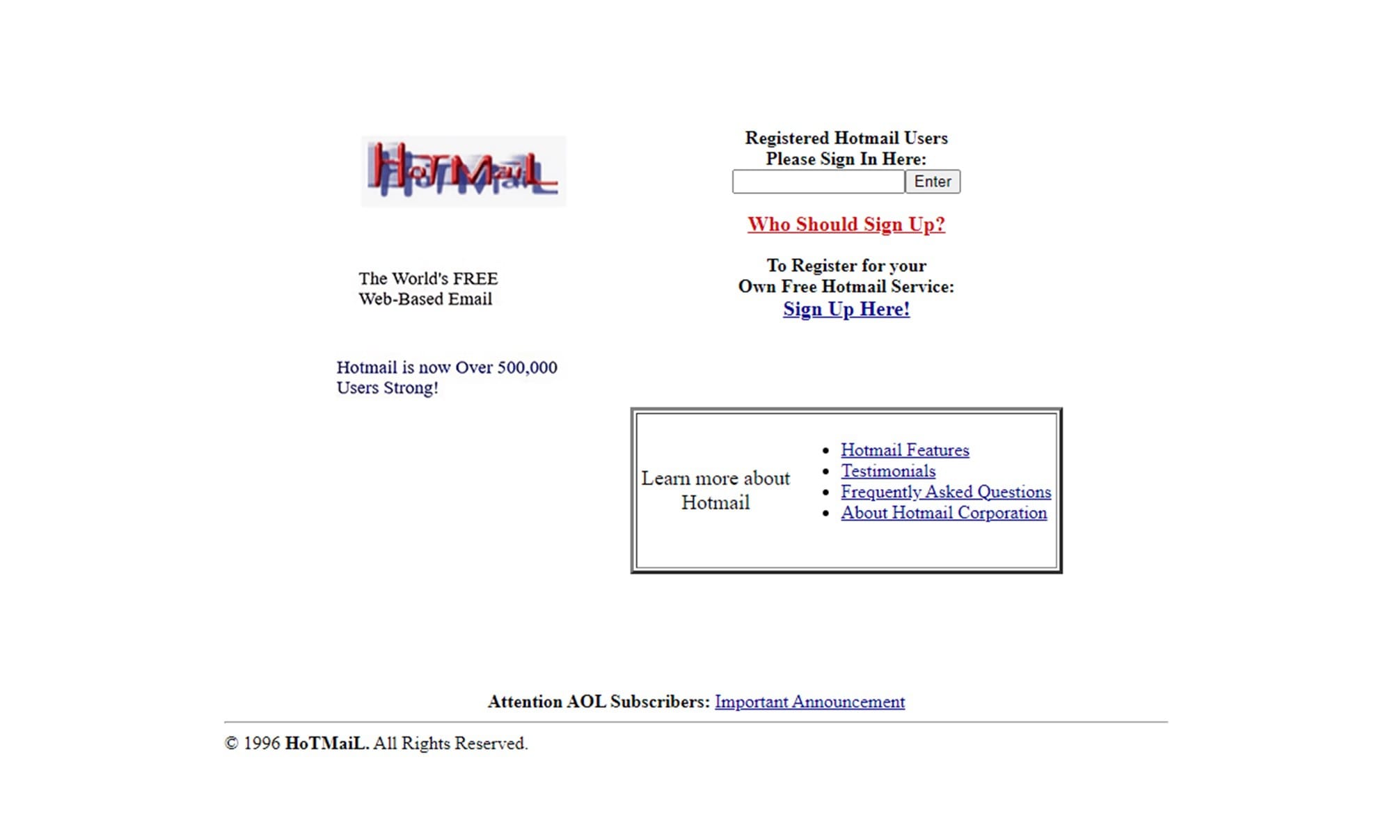 hotmail nel 1996, grazie a Web Design Museum.