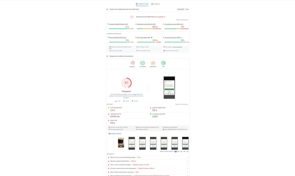 Analisi prestazione sito web Google Page Speed Insights Schermata di un’analisi delle performance di un ecommerce.