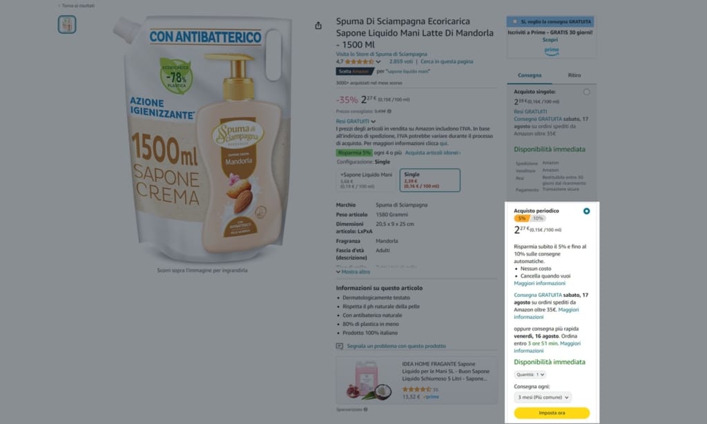 Opzione acquisto periodico prodotti da ecommerce Possibilità di impostare acquisti periodici dalla pagina prodotto.
