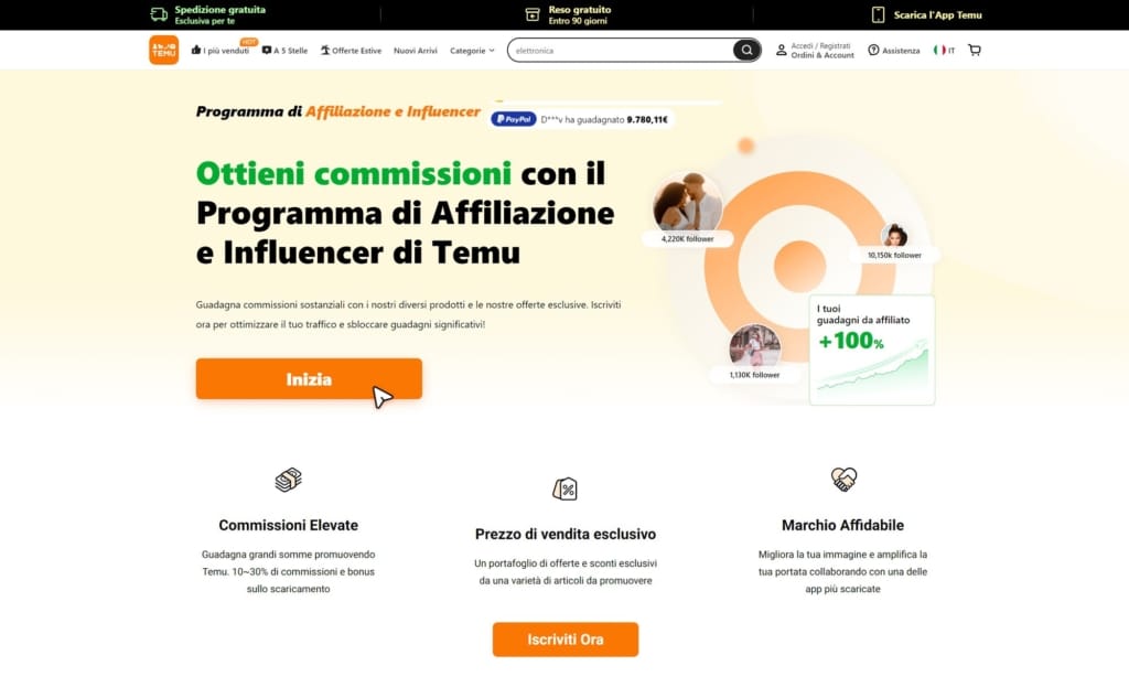 Pagina del programma di affiliazione di Temu Pagina di un programma di affiliate marketing.