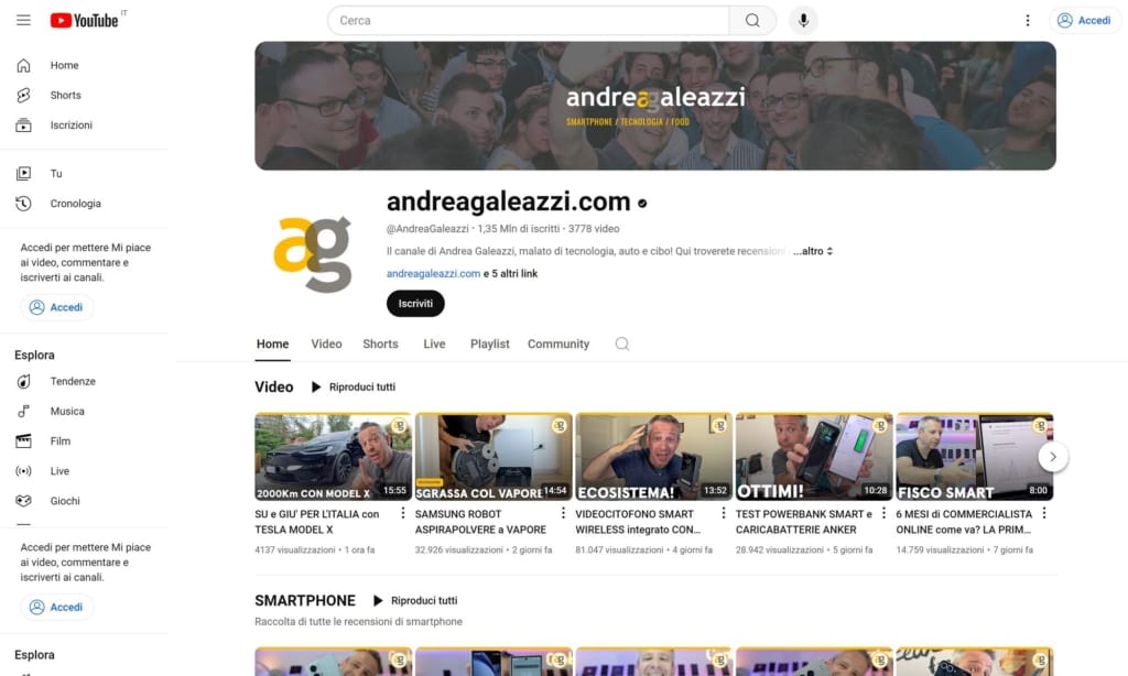 Pagina su YouTube di Andrea Galeazzi Profilo su YouTube di un influencer.