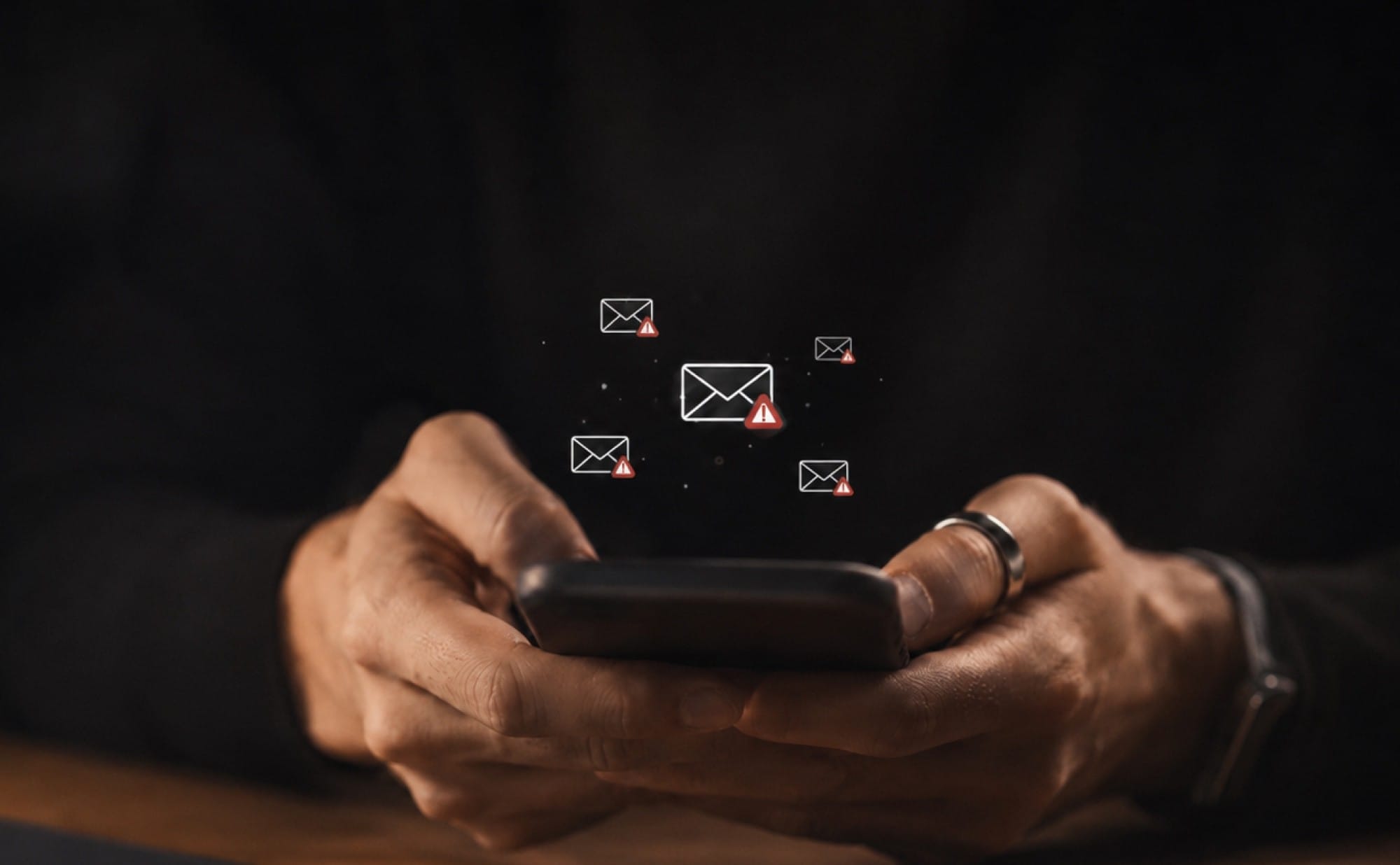 Mani tengono uno smartphone con icone di email sospette su fondo scuro.