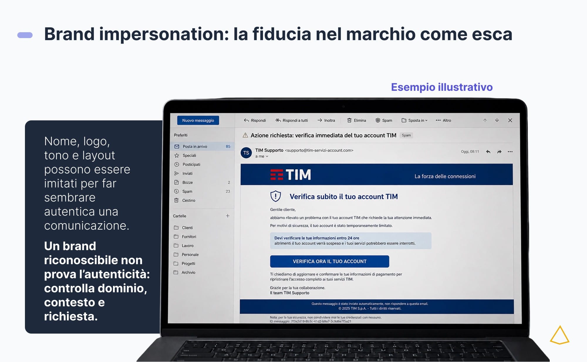 Nome, logo e layout imitati in una finta email TIM non ne provano l'autenticità.