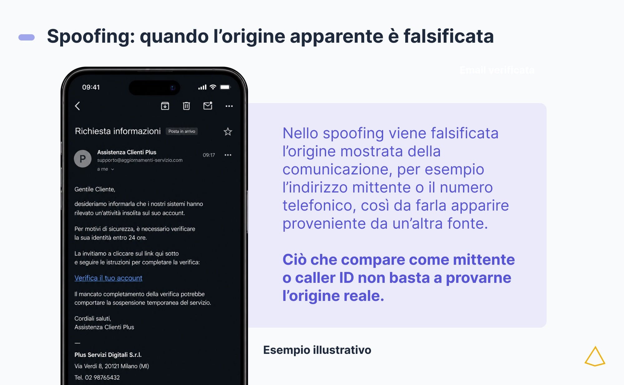 Nello spoofing il mittente mostrato dall'email è falsificato e non prova l'origine reale.