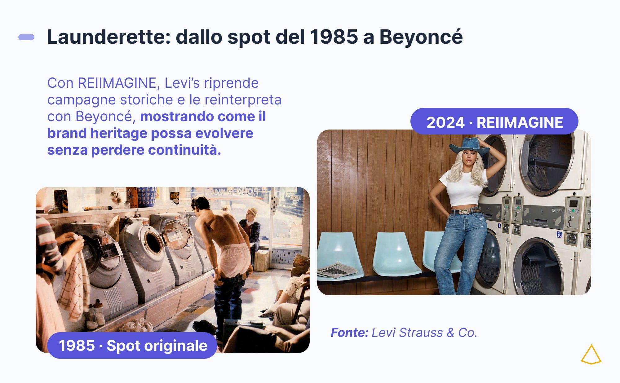 Levi’s reimagine Beyoncé brand heritage Confronto tra lo spot Levi's Launderette del 1985 e la reinterpretazione con Beyoncé del 2024.