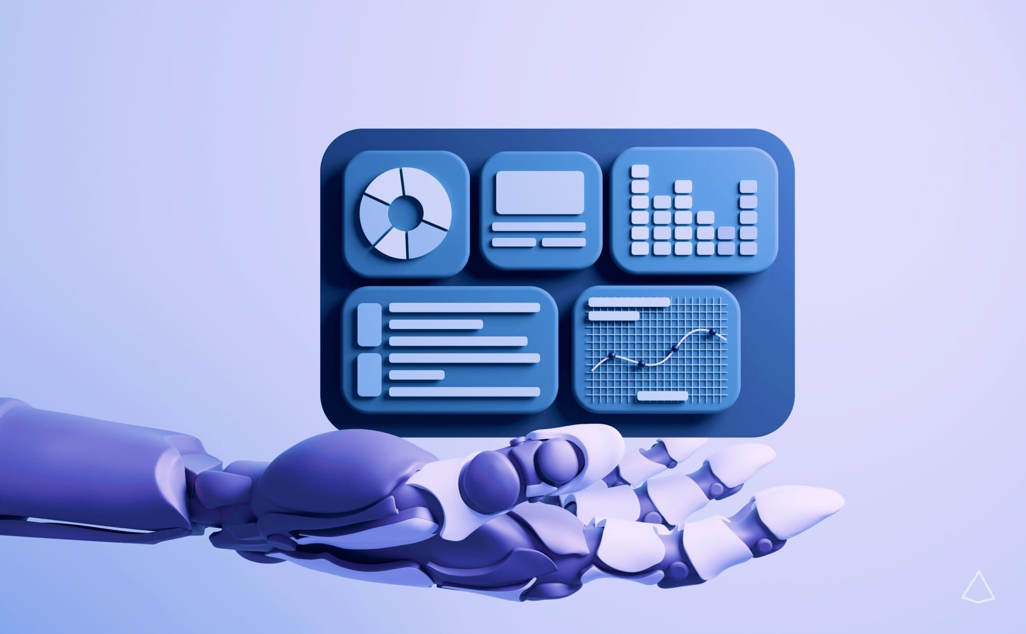 AI personalizzazione customer journey Mano robotica sostiene una dashboard tridimensionale con grafici e schede.