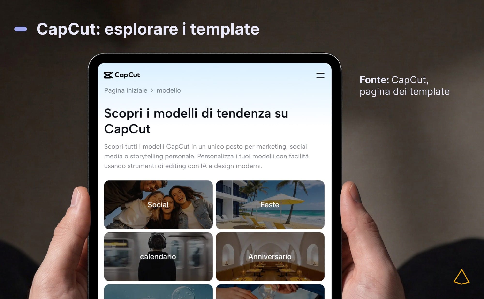 Capcut template categorie Mockup dei template CapCut divisi per categorie, utili per scegliere lo stile più adatto al video.