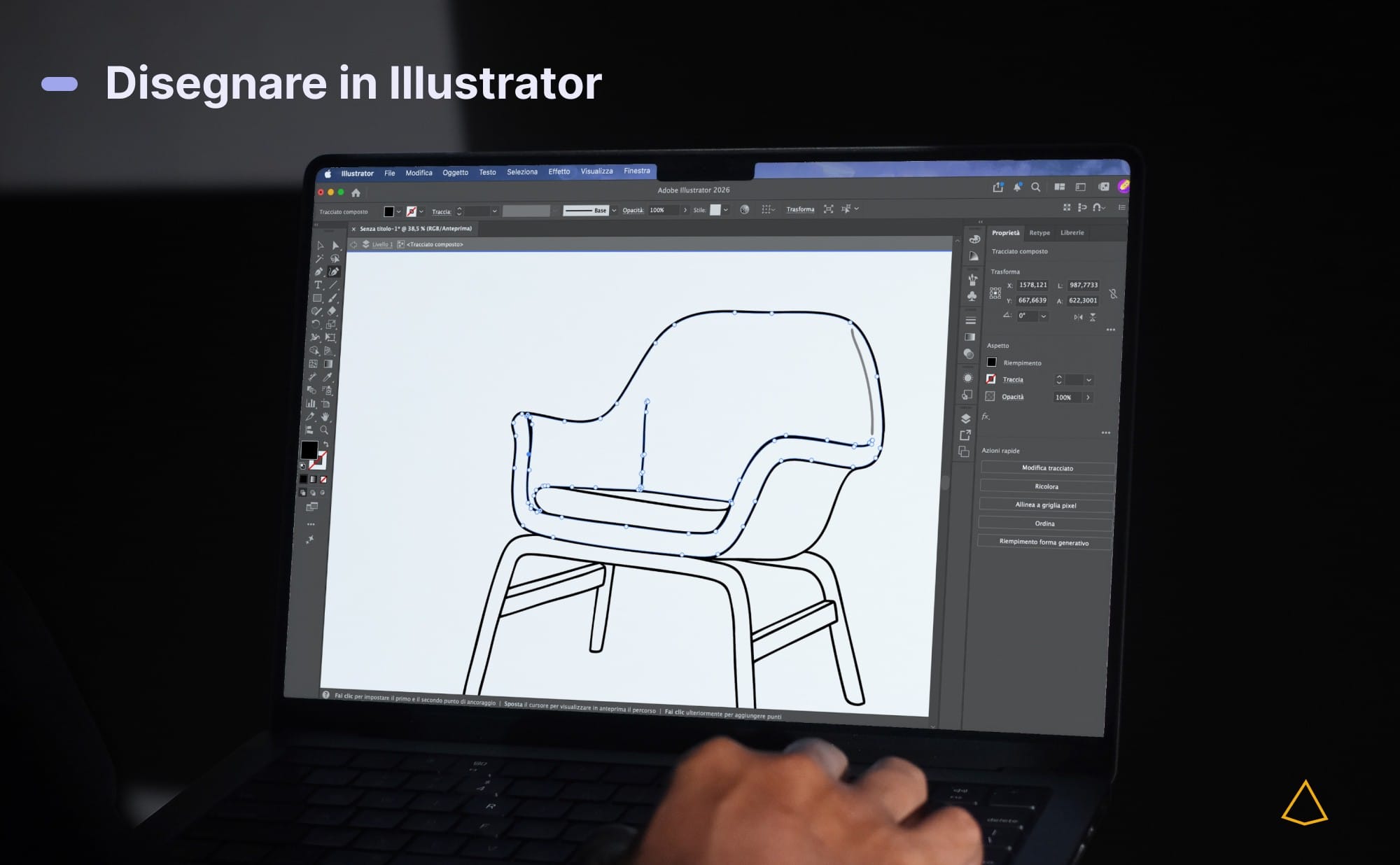 Disegno vettoriale di una sedia in Adobe Illustrator, con tracciato e punti di ancoraggio visibili.