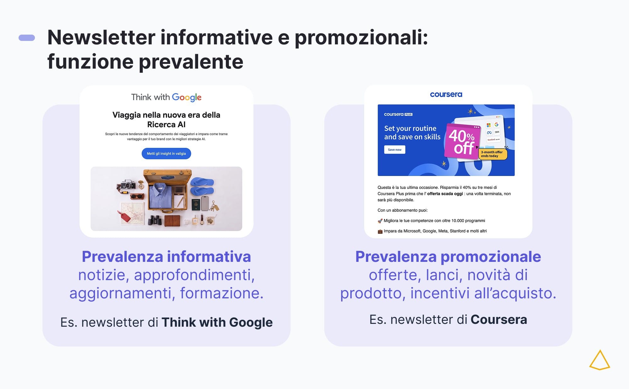 Newsletter informative promozionali confronto Confronto tra newsletter informative e newsletter promozionali con due esempi di email marketing.