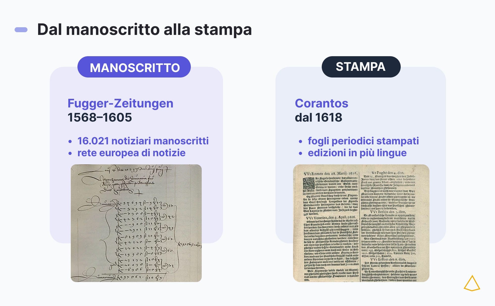 Storia newsletter manoscritti corantos Confronto tra notiziari manoscritti dei Fugger e corantos a stampa del Seicento.