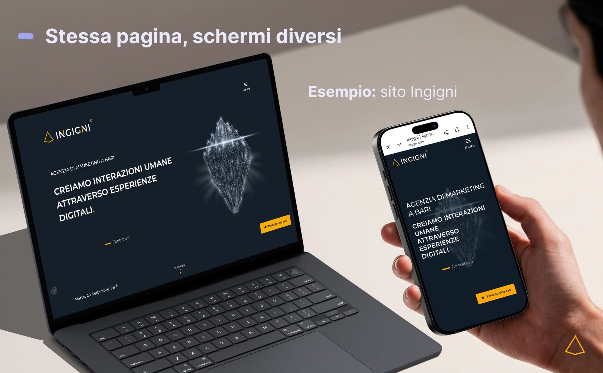 Template web contenuti responsive Mockup mostrata con lo stesso contenuto su desktop e smartphone.